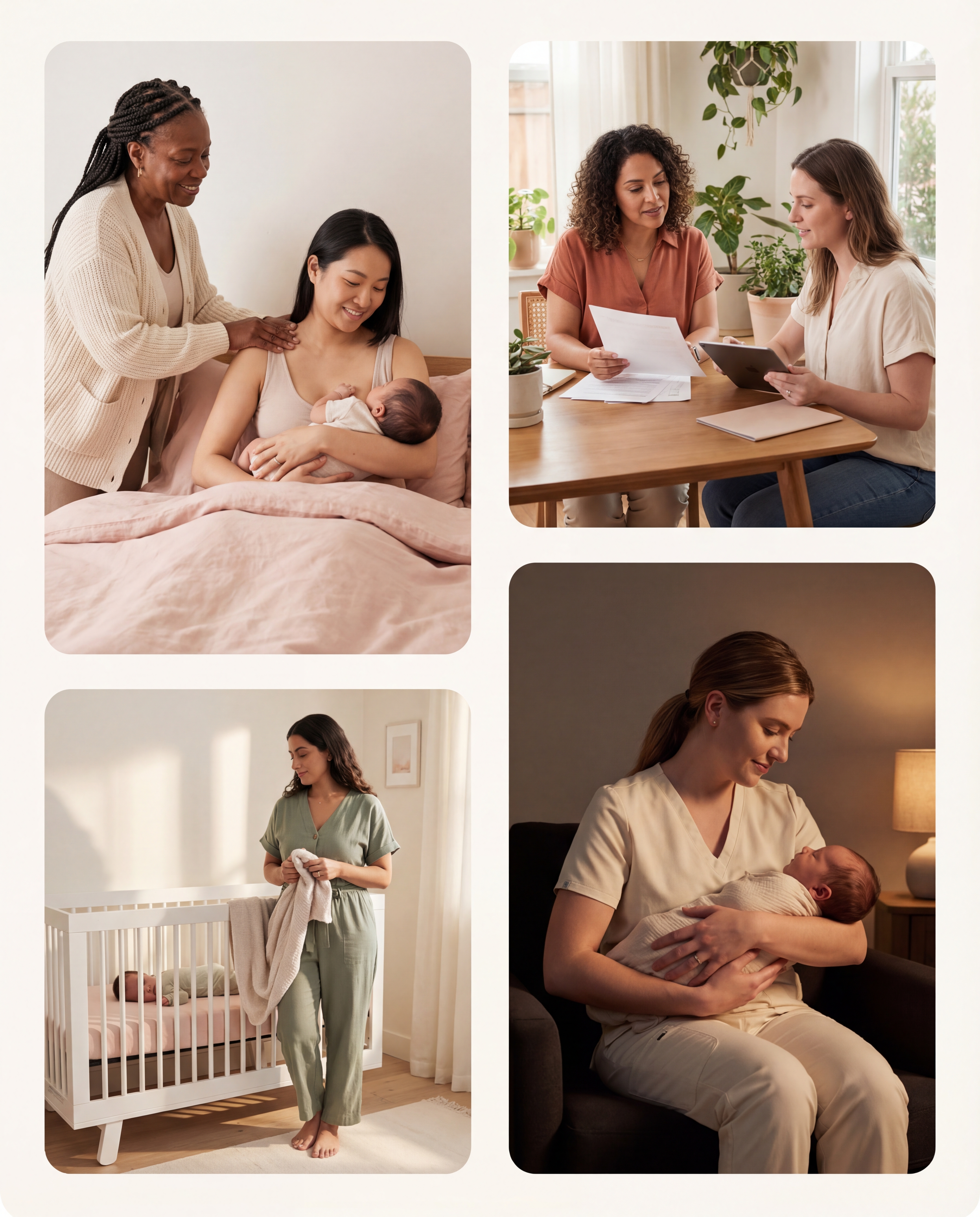 Collage of postnatal care providers: a doula supporting a mother, consultants reviewing documents, a sleep coach in a nursery, and a night nurse holding a newborn
